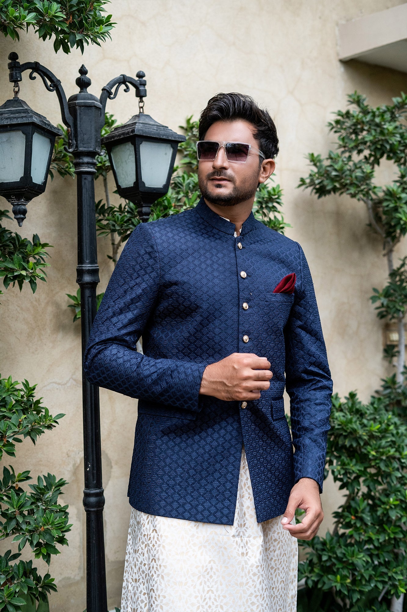 MC 144 Navy Blue Prince Coat With Kurta Pajama – Mashal Couture