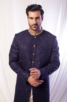 MC 611 Navy Blue Sherwani For Groom - Mashal Couture