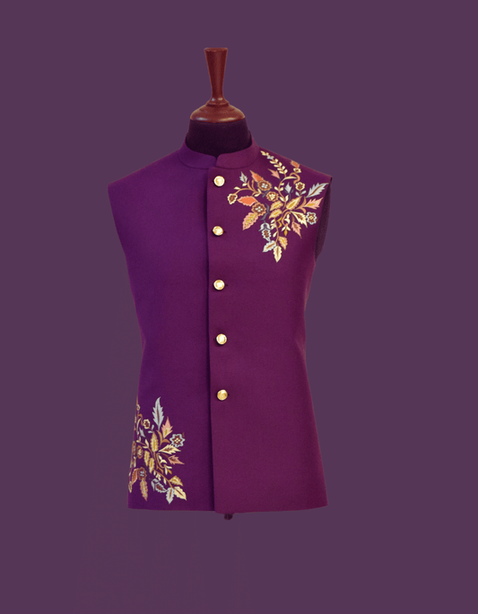 MC 114 Purple Embroidered Waistcoat for Men - Mashal Couture