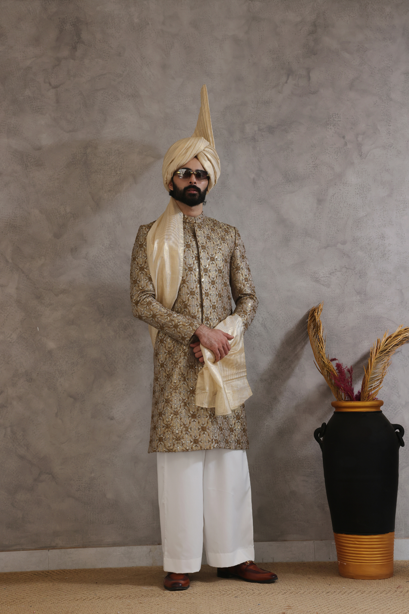 Golden Sherwani With farshi Shalwar