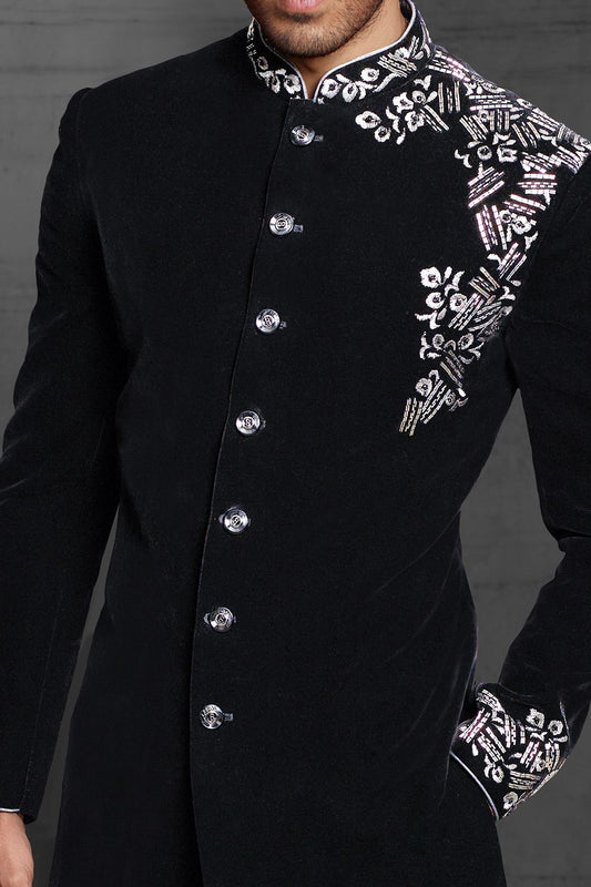 MC 547 Black Sherwani - Mashal Couture