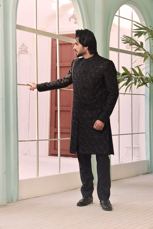 MC 555 Black Hand Work Sherwani Mens Wedding - Mashal Couture