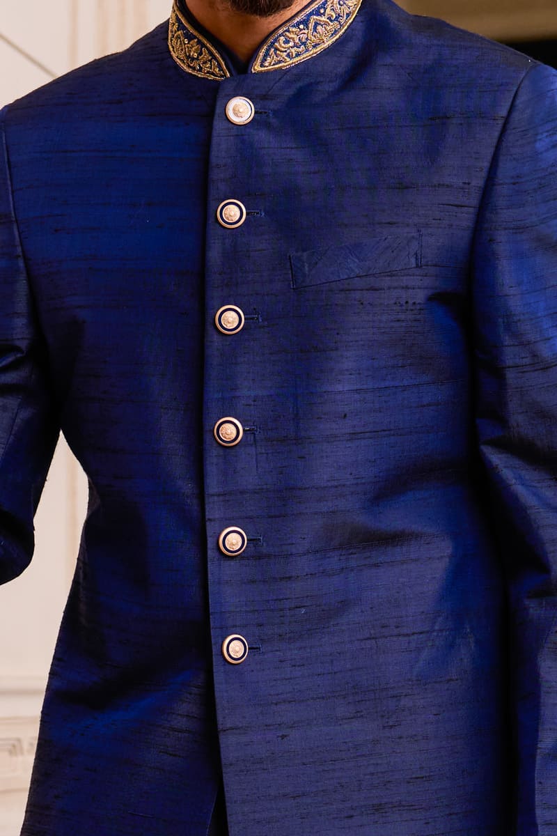 MC 504 Royal Blue Raw Silk Sherwani For Men's - Mashal Couture