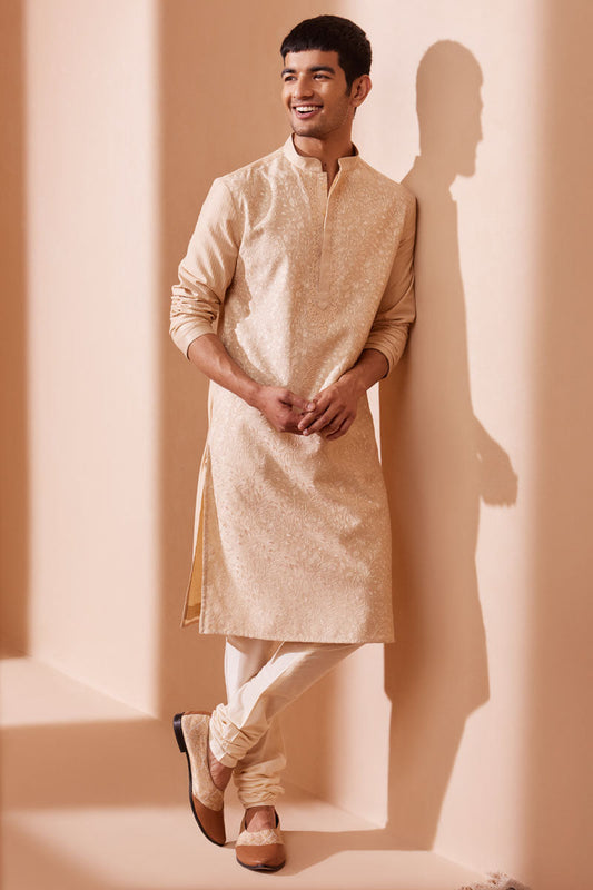 MC KP 10 Beige Chicken Kari Kurta Pajama or Men - Mashal Couture