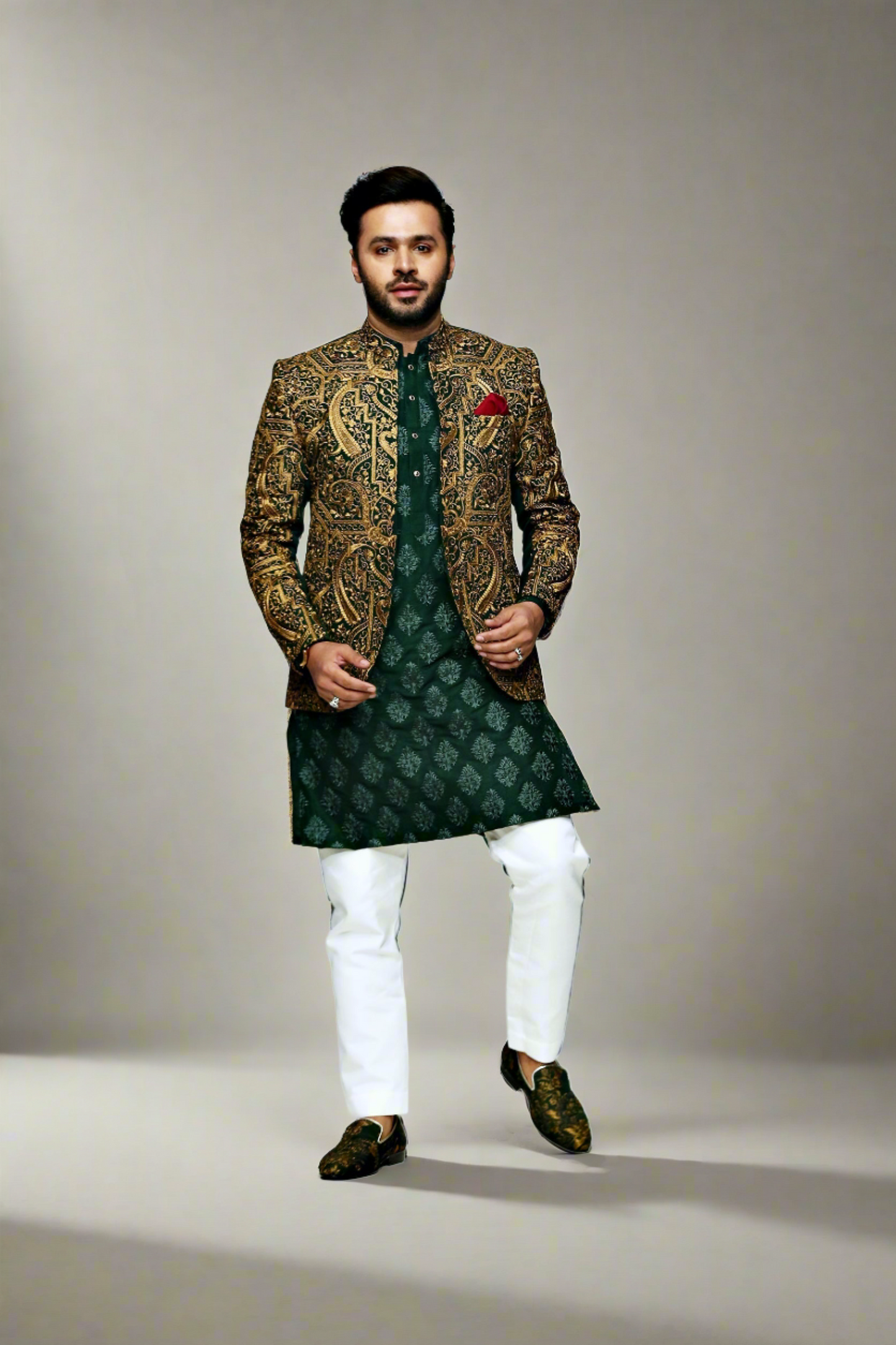 MC 138 Green Front Open Prince Coat Design - Mashal Couture