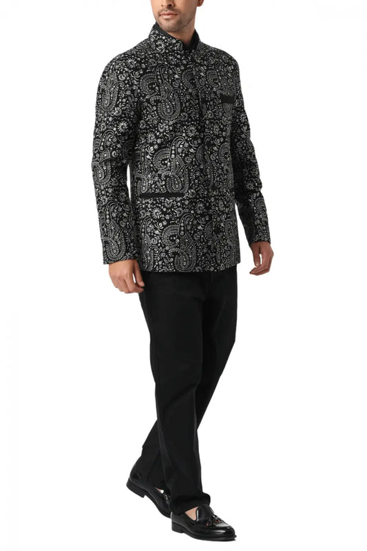 MC 115 Black & White Paisley Embroidered Prince Coat - Mashal Couture