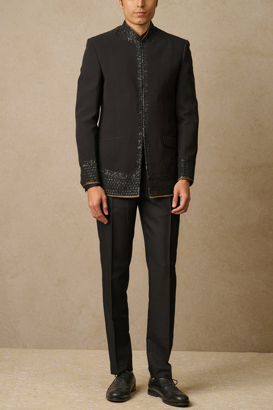 MC 117 Black Sequin Embroidery Bandhgala Prince Coat - Mashal Couture