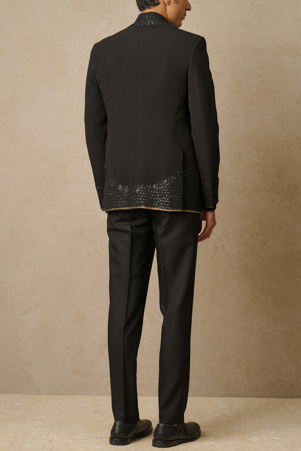 MC 117 Black Sequin Embroidery Bandhgala Prince Coat - Mashal Couture