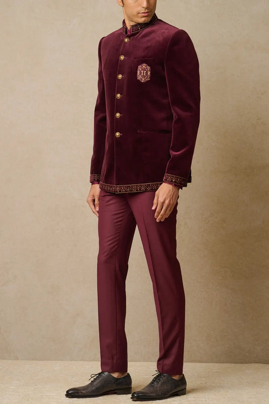 MC 107 Wine Embroidered Velvet Prince Coat Design - Mashal Couture