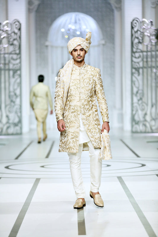 MC 554 Ivory Gold Sherwani - Mashal Couture