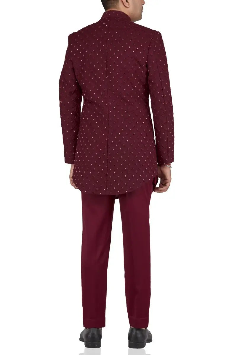 MC 110 Maroon Cut Daman Silver Zari Embroidered Prince Coat - Mashal Couture
