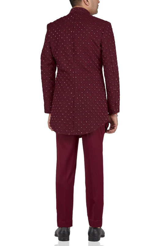 MC 110 Maroon Cut Daman Silver Zari Embroidered Prince Coat - Mashal Couture
