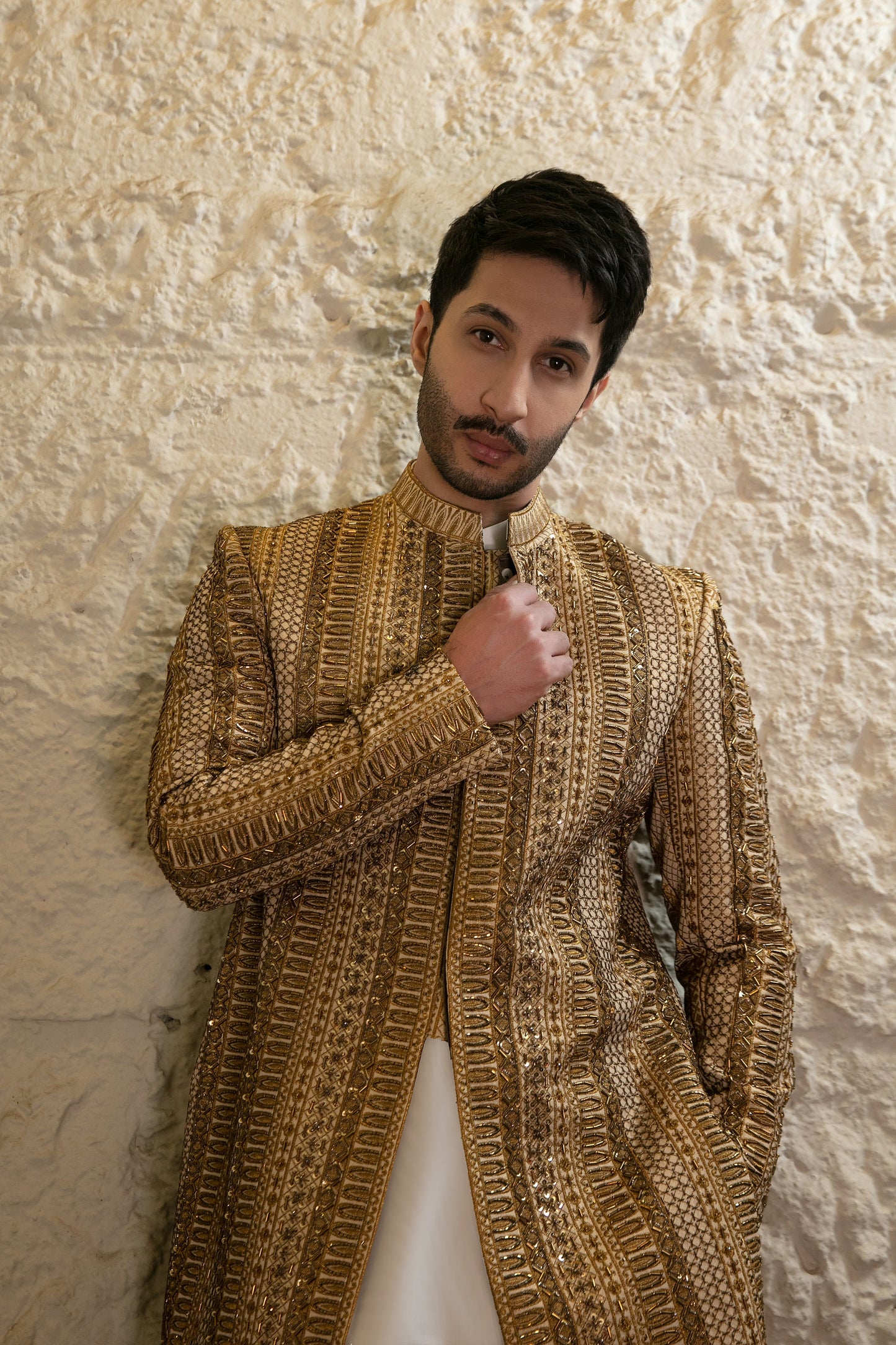 MC 550 Golden Hand Work Wedding Sherwani - Mashal Couture