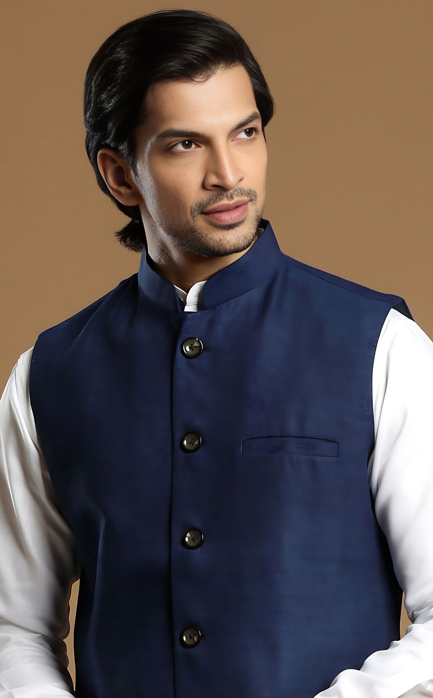 MC FS 01 Navy Blue Waist Coat With Kurta Pajama - Mashal Couture