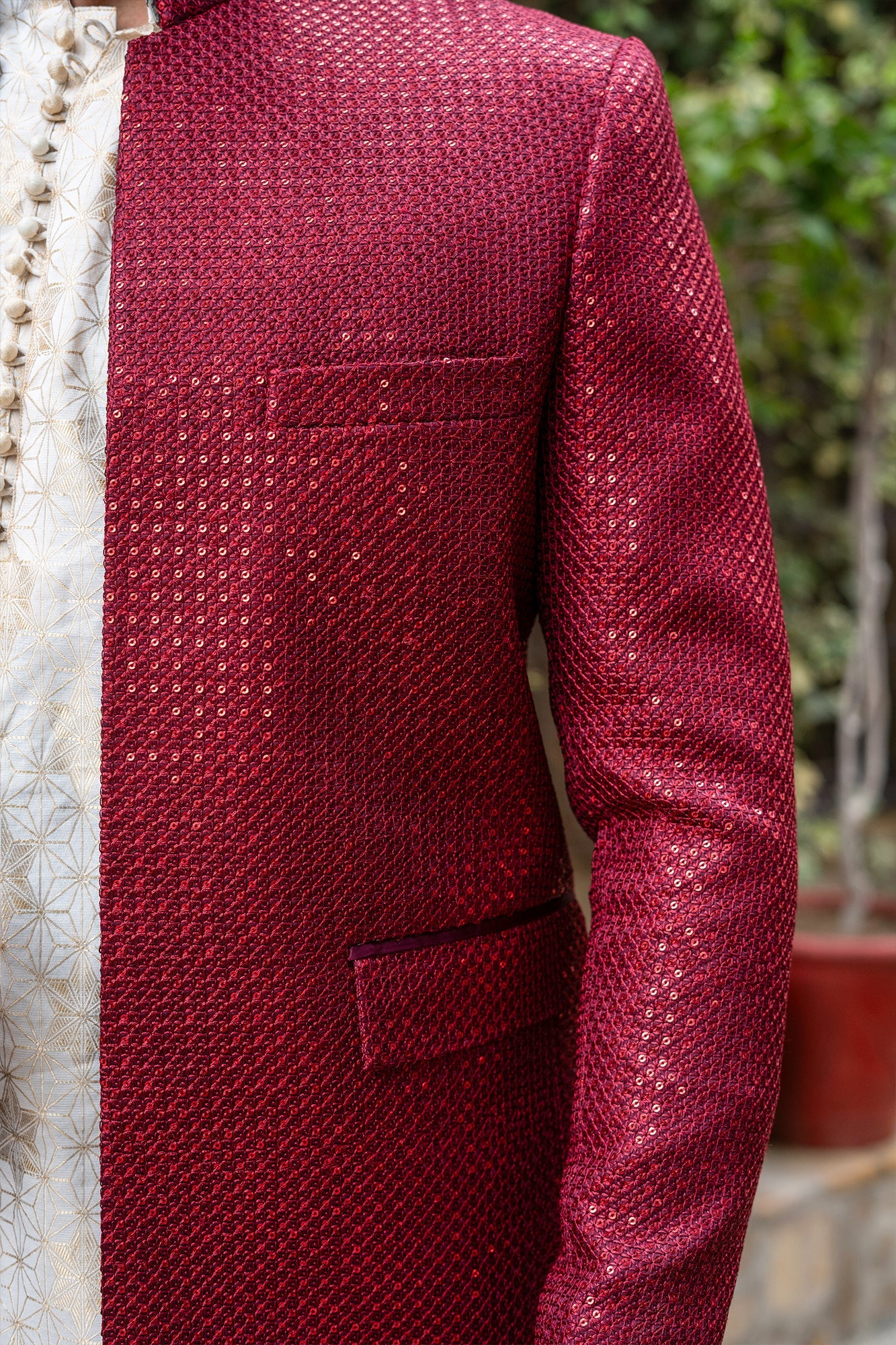 MC 195 Pakistani Men Maroon Sequance Prince Coat - Mashal Couture