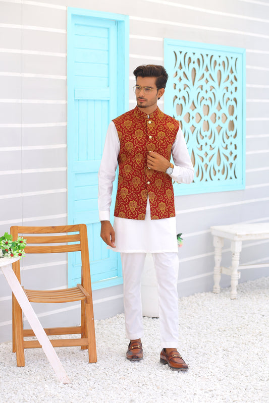 MC Maroon Embroidery Waistcoat - Mashal Couture