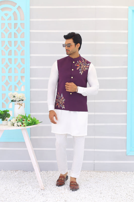 MC Lavender Embroidery Waistcoat - Mashal Couture
