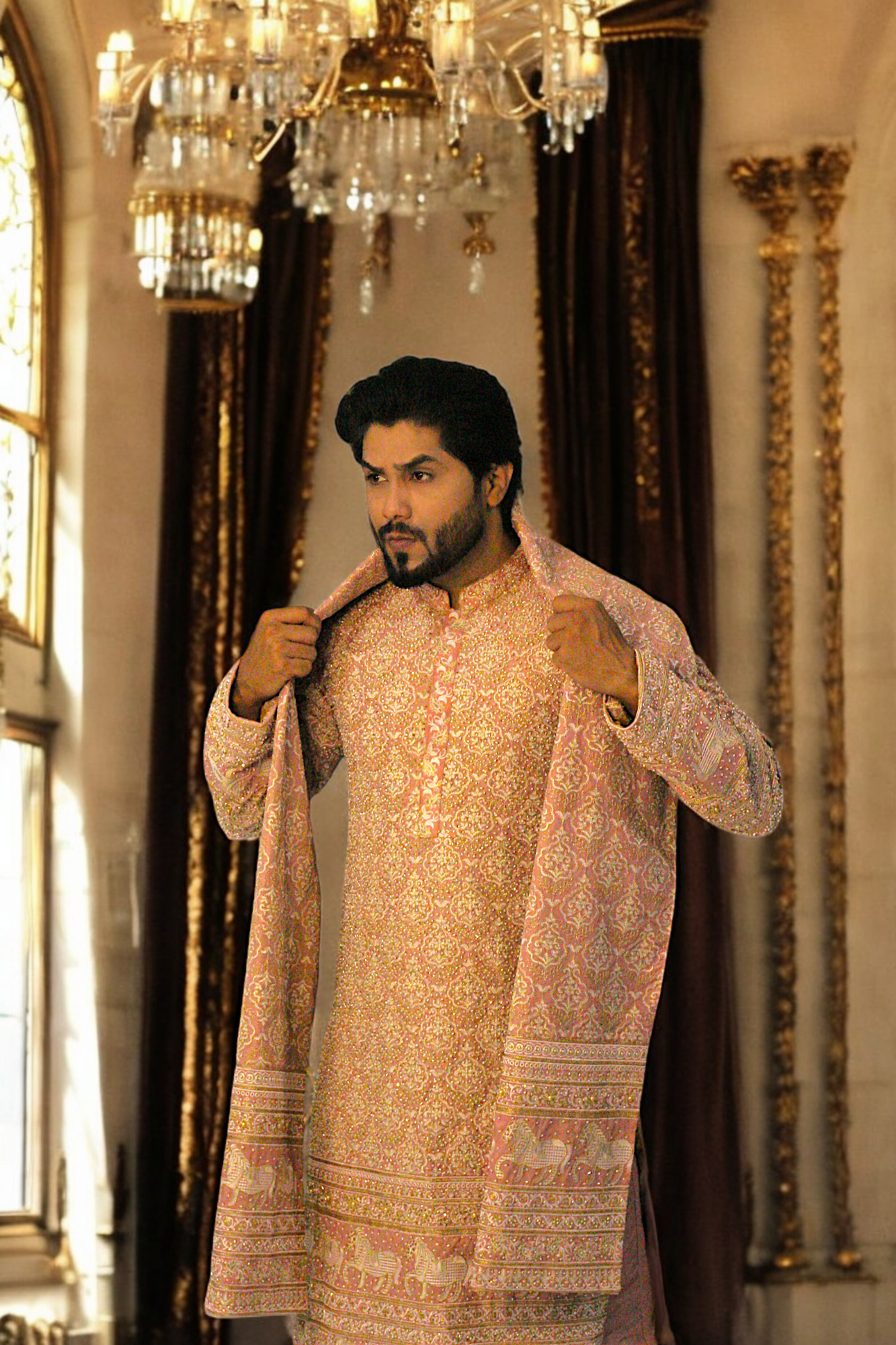 Full Embroidery Kurta Pajama With Shawl - Mashal Couture