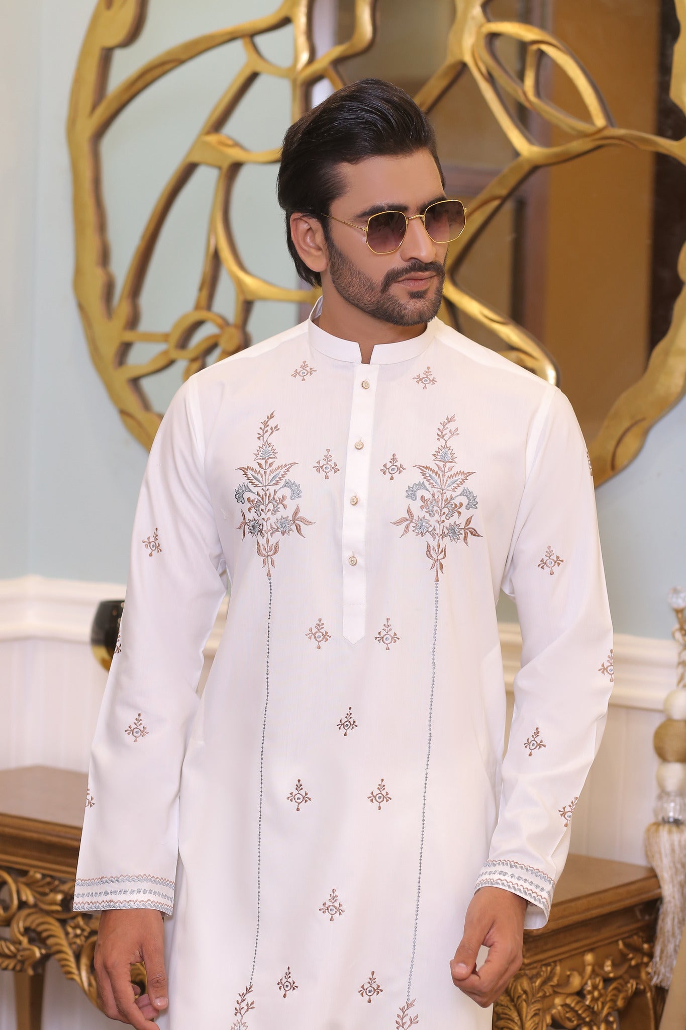CK 23 White Chikankari Kurta For Mens Pakistan - Mashal Couture