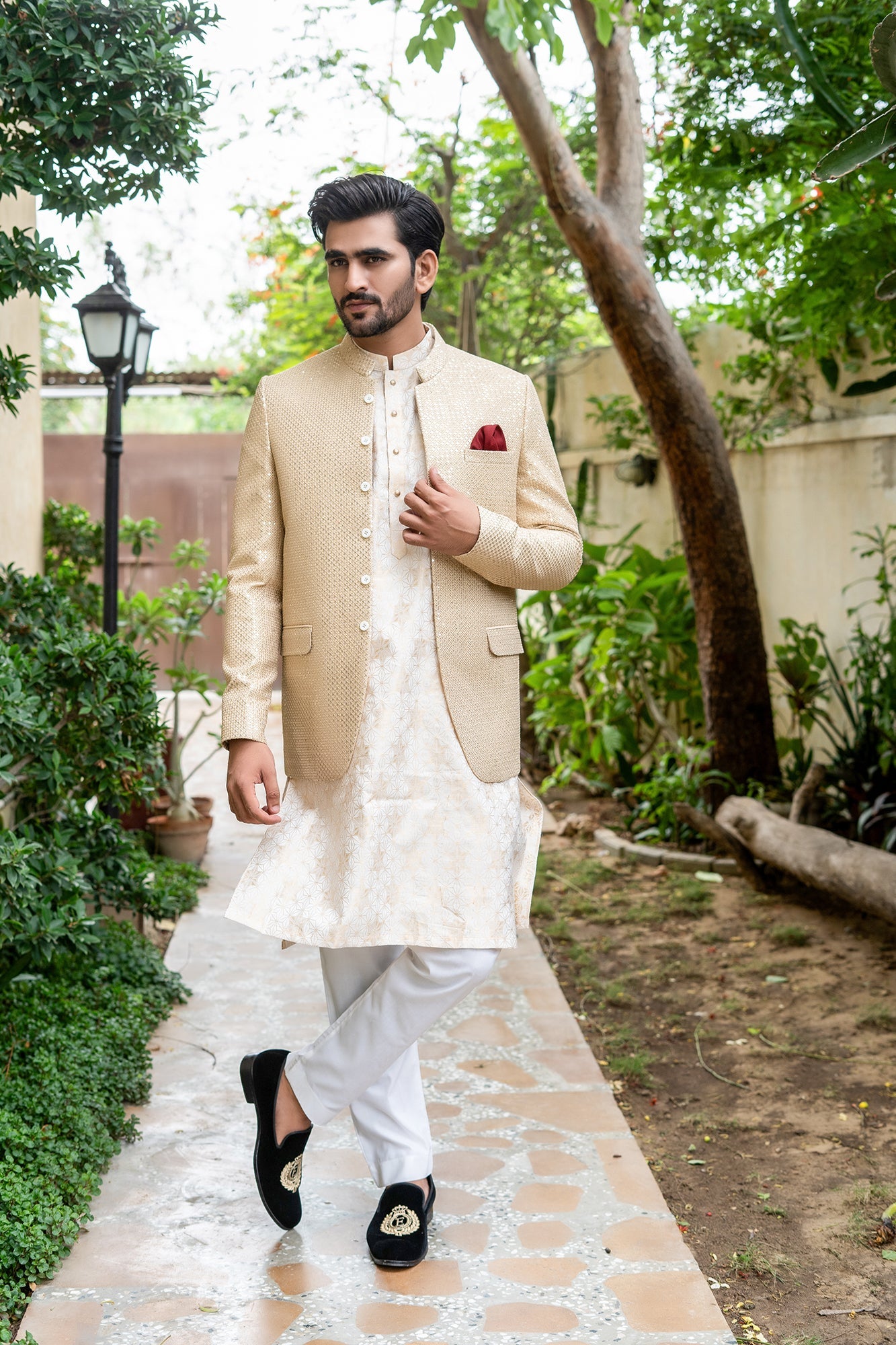 MC 193 Beige Sequance Mens Prince Suit - Mashal Couture