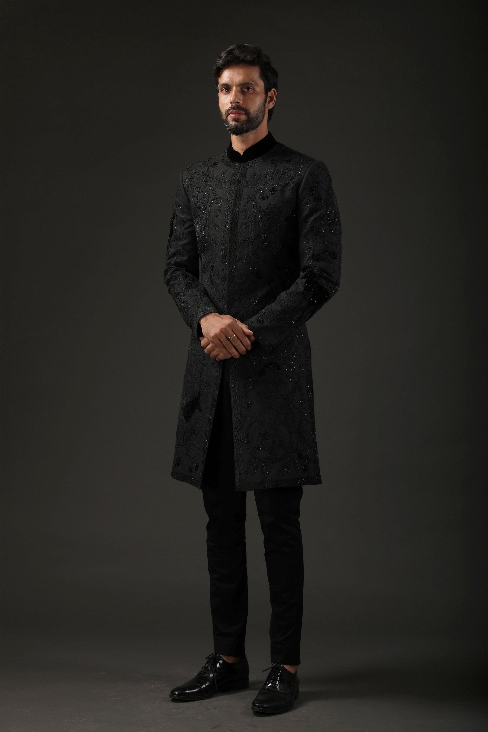 MC 526 Mens Black Sherwani – Mashal Couture - Main Image