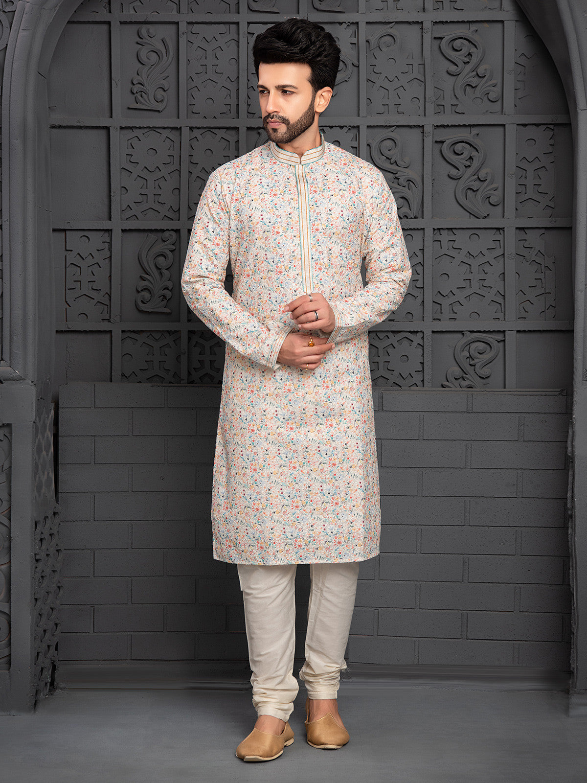 MC FS 07 Cream Floral Kurta Pajama - Mashal Couture