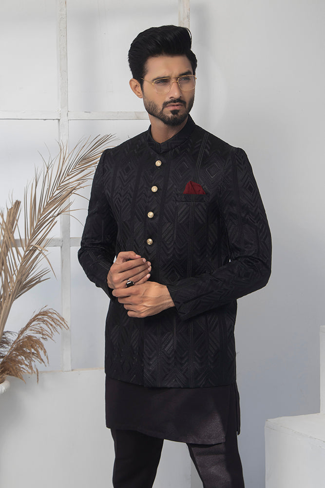 MC 196 Pakistani Black Embroided Prince Coat For Wedding - Mashal Couture