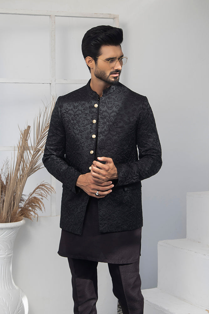 MC 187 Pakistani Black Prince Coat For Men - Mashal Couture