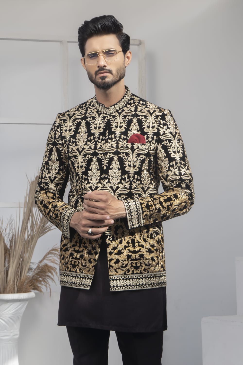 Pakistani Black Velvet Gold Prince Coat Mashal Couture Pakistani Black Velvet Gold Prince Coat Mashal Couture