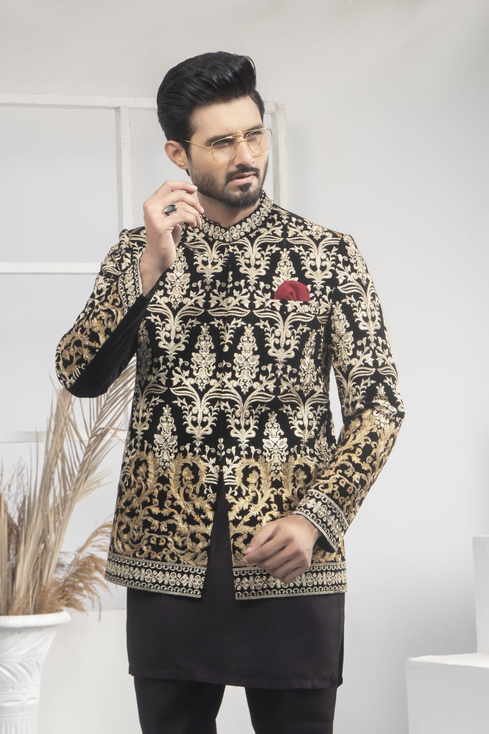 MC 184 Pakistani Black Velvet Gold Prince Coat - Mashal Couture