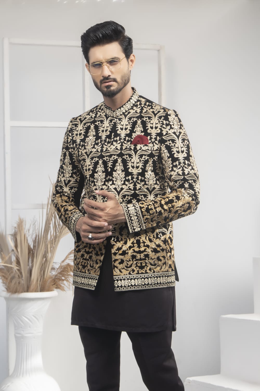 MC 184 Pakistani Black Velvet Gold Prince Coat - Mashal Couture