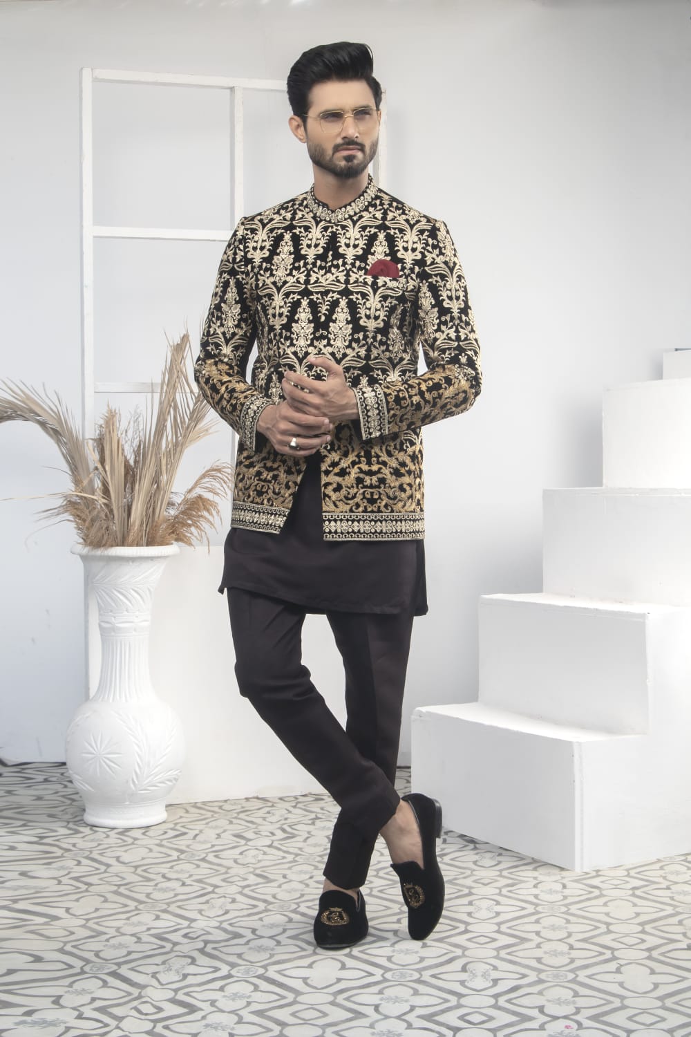 MC 184 Pakistani Black Velvet Gold Prince Coat - Mashal Couture