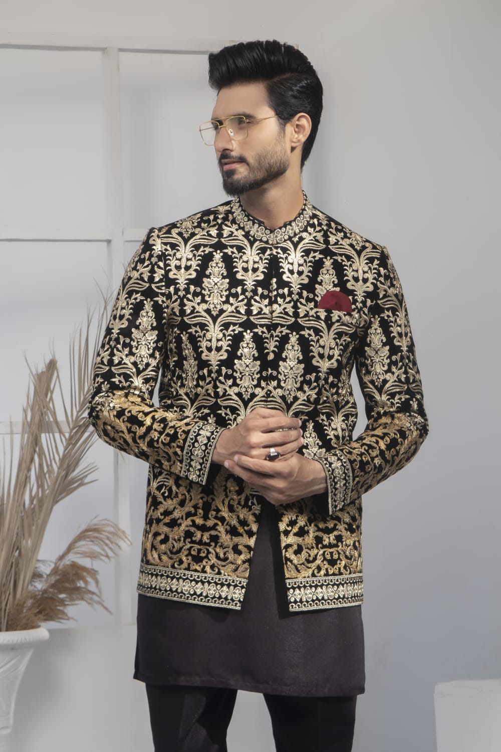 MC 184 Pakistani Black Velvet Gold Prince Coat - Mashal Couture