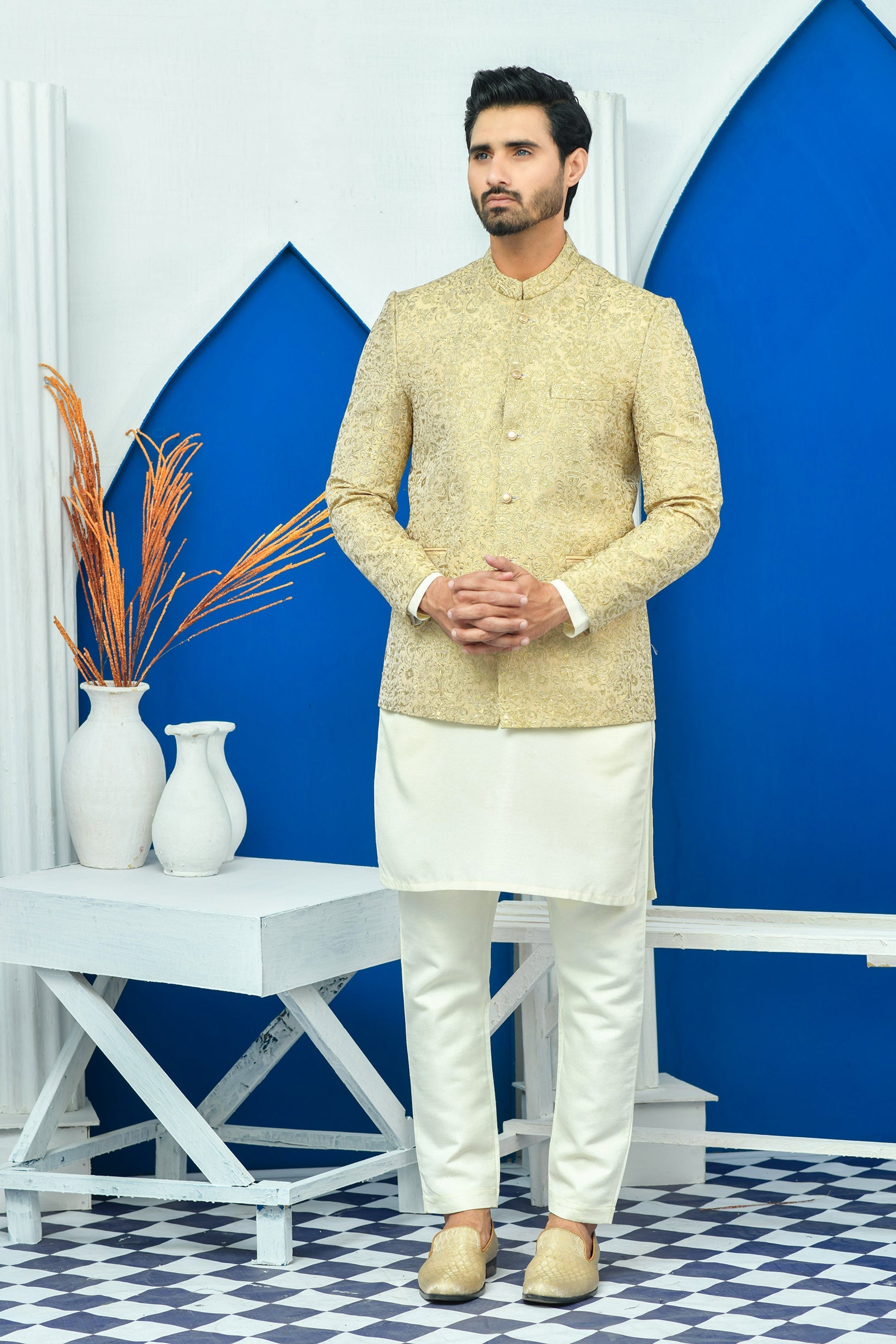Pakistani Gold Zari Work Men Prince Coat – Mashal Couture