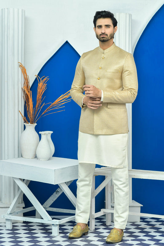 MC 180 Pakistani Gold Zari Work Men Prince Coat - Mashal Couture