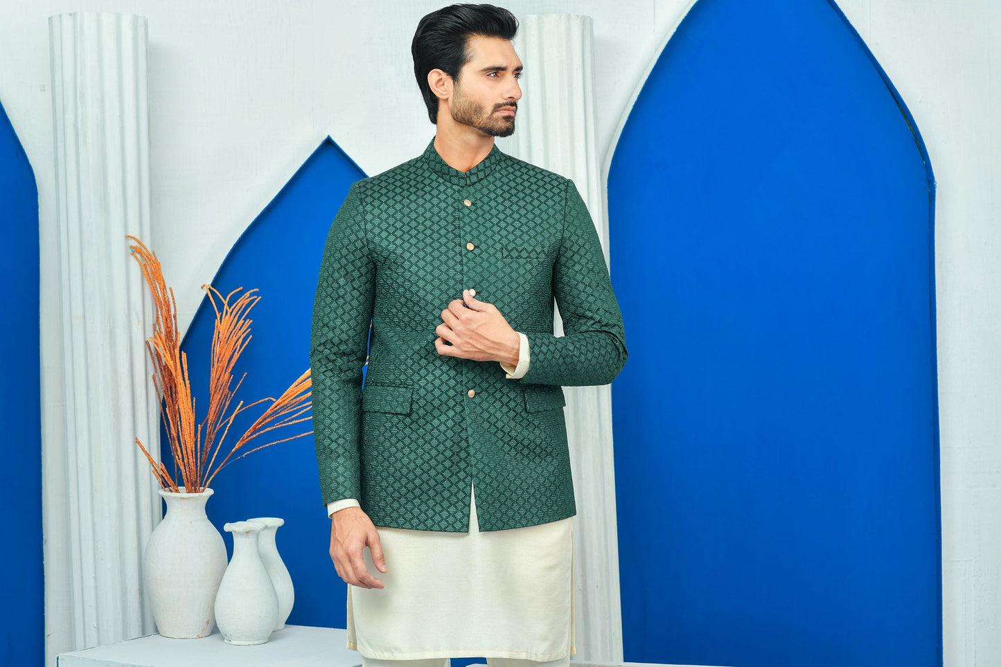 MC 178 Pakistani Green Embroided Mens Prince Suits - Mashal Couture
