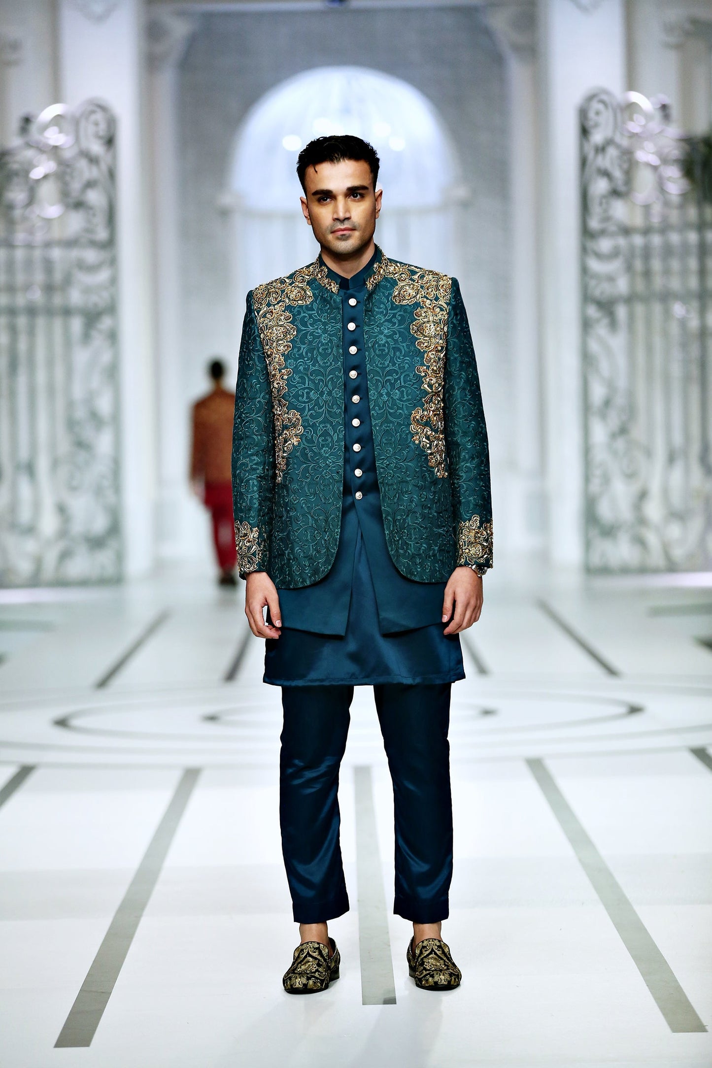 MC 174 Pakistani Green Prince Coat With Embroidery - Mashal Couture