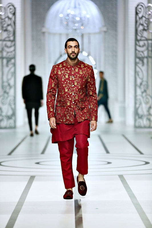 MC 171 Pakistani Maroon Copper Prince Coat - Mashal Couture