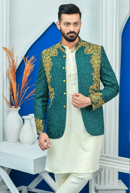 MC 157 Pakistani Royal Green Prince Coat Men - Mashal Couture