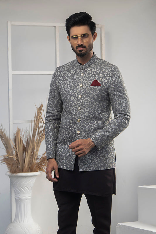 MC 155 Pakistani Sliver Embroided Prince Coat For Wedding - Mashal Couture