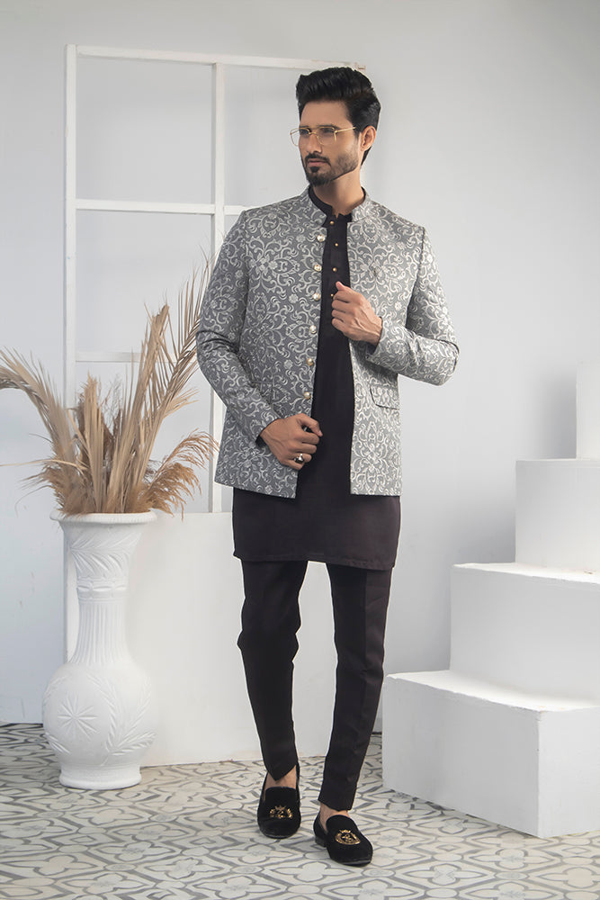 MC 155 Pakistani Sliver Embroided Prince Coat For Wedding - Mashal Couture