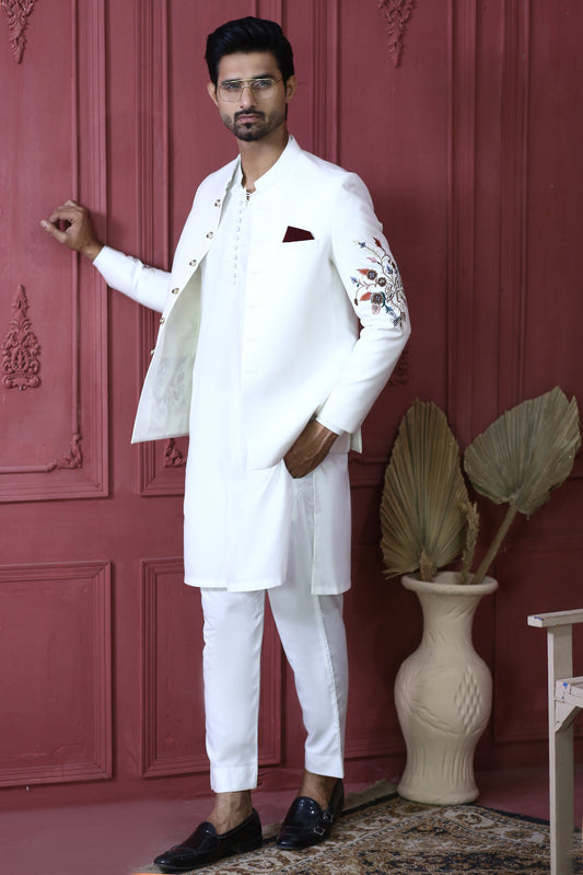 MC 154 Pakistani White Embroided Prince Coat - Mashal Couture