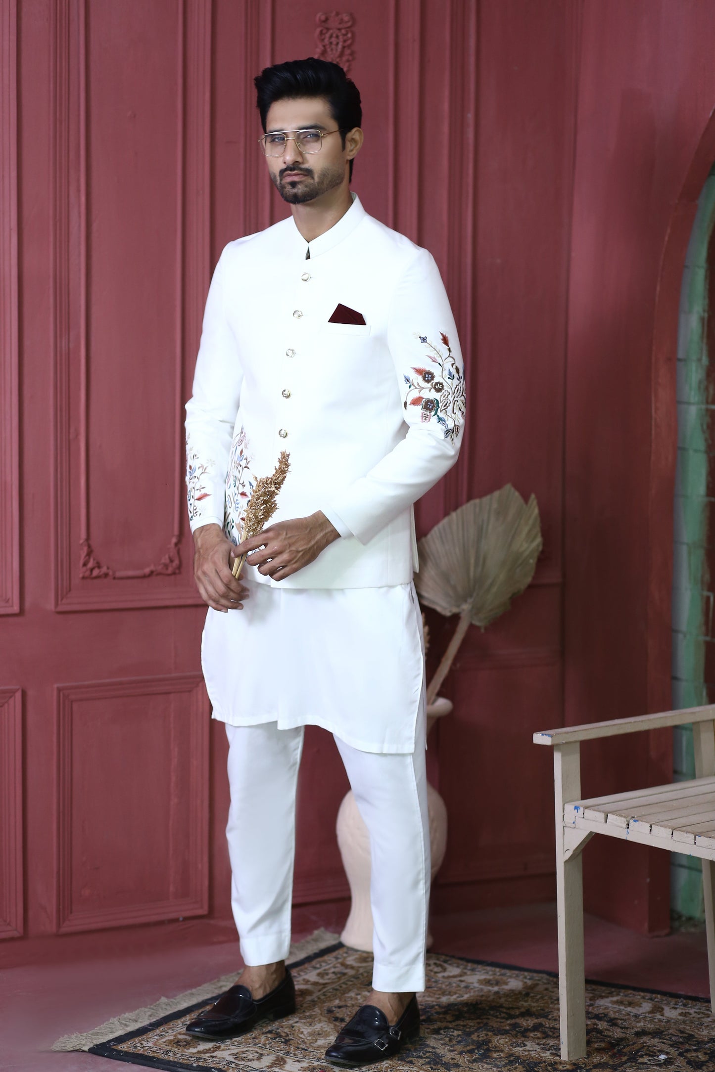 MC 154 Pakistani White Embroided Prince Coat - Mashal Couture
