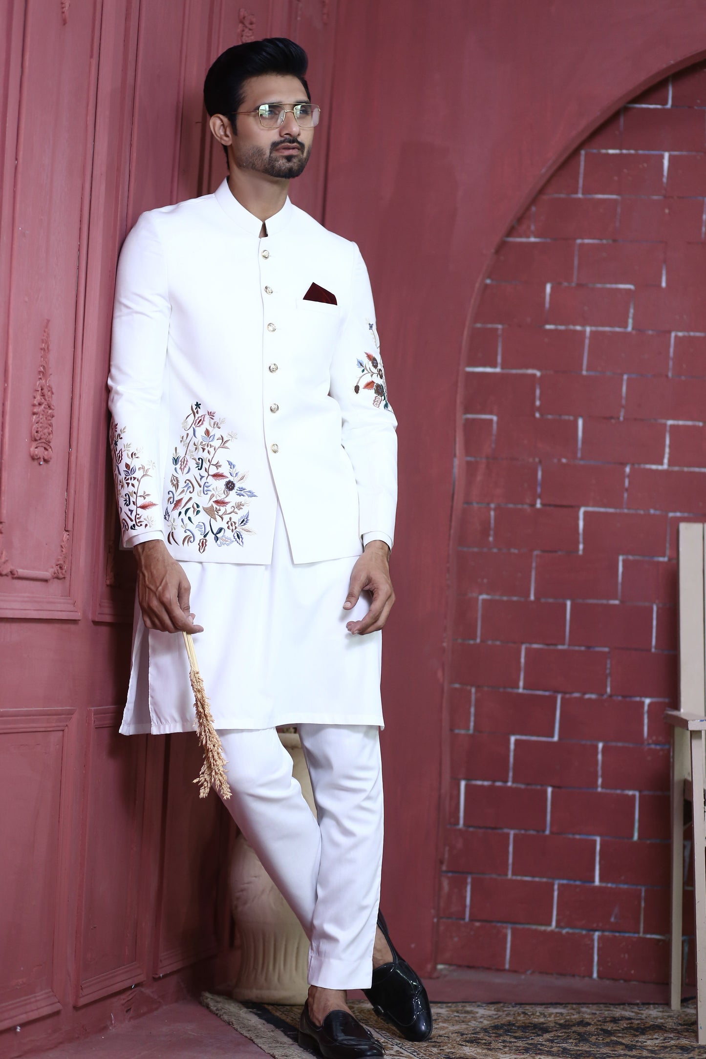 MC 154 Pakistani White Embroided Prince Coat - Mashal Couture