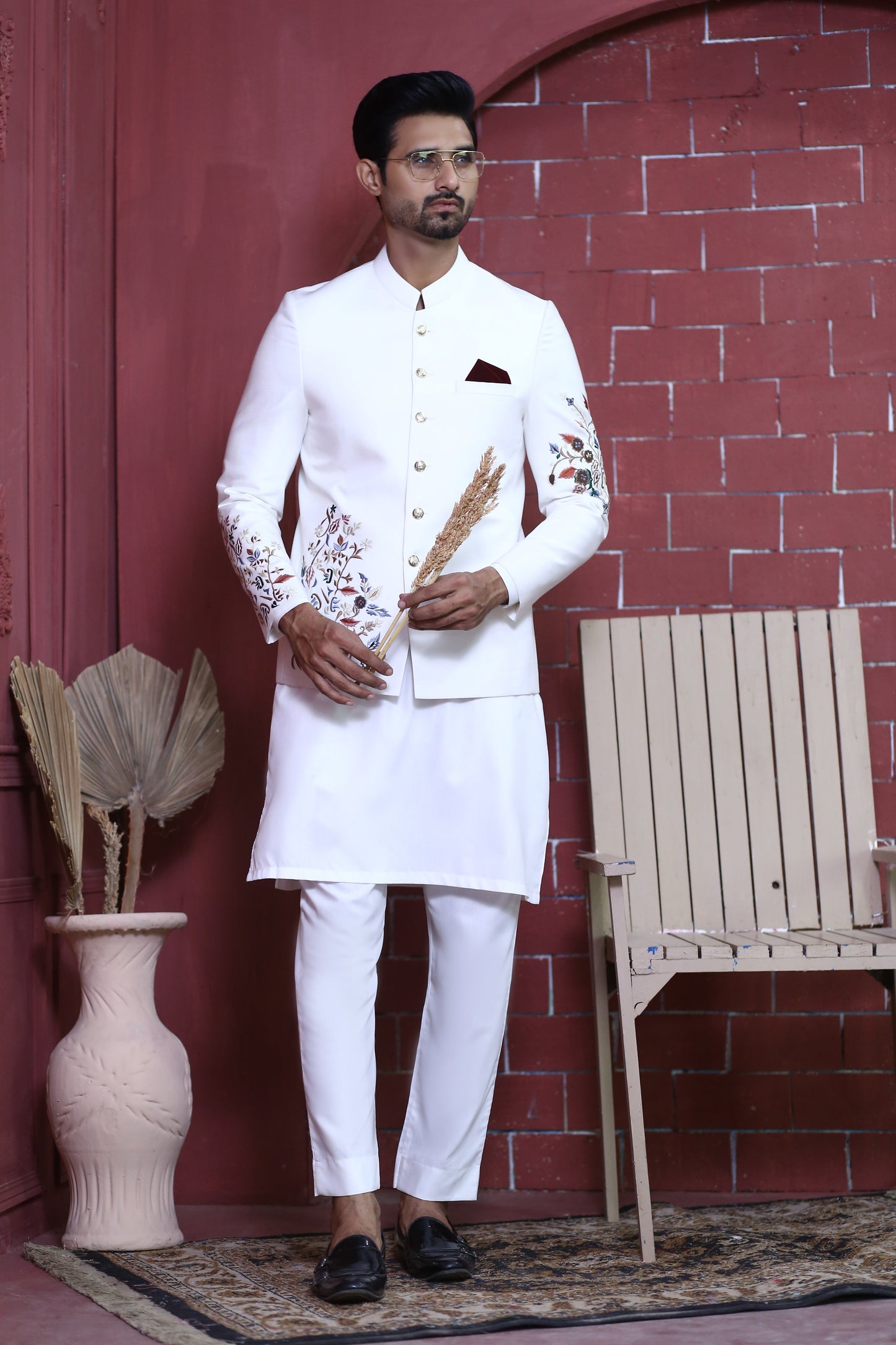 MC 154 Pakistani White Embroided Prince Coat - Mashal Couture