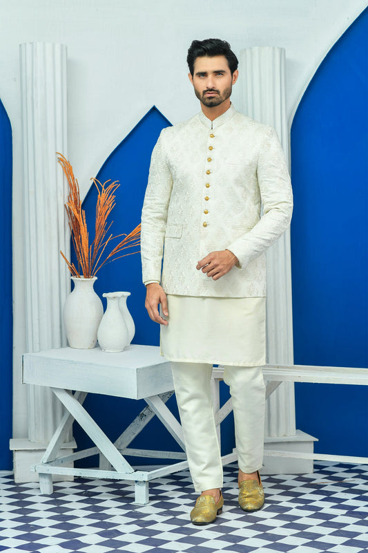 MC 153 Pakistani White Jamawar Boti Work Mens Prince Suits - Mashal Couture