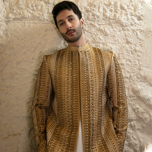 MC 550 Golden Hand Work Wedding Sherwani - Mashal Couture