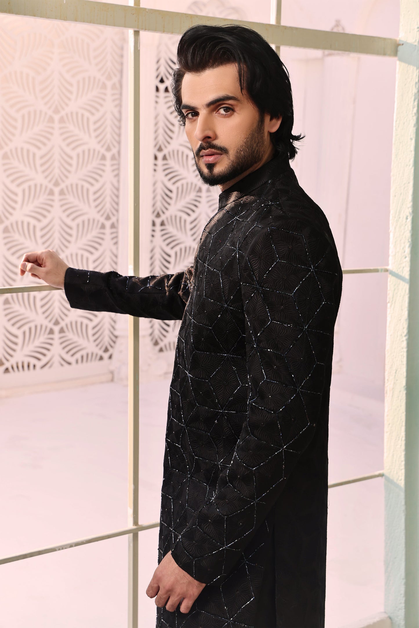 MC 555 Black Hand Work Sherwani Mens Wedding - Mashal Couture