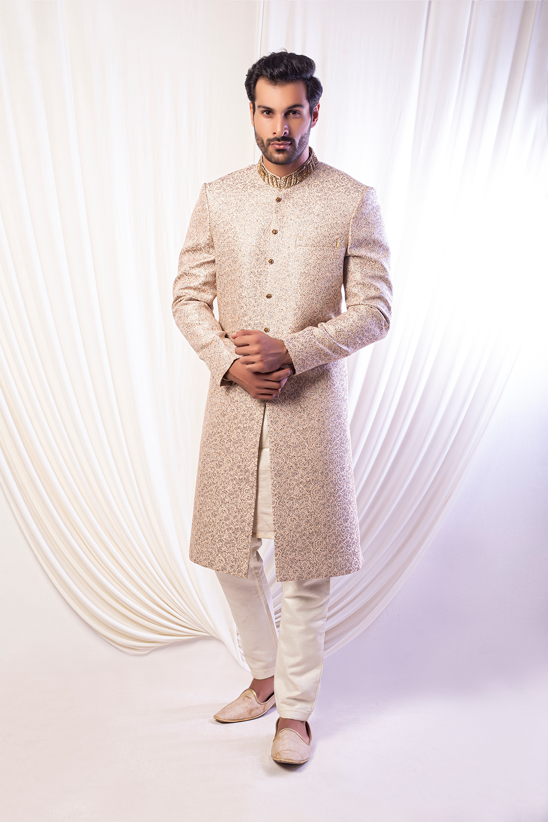 MC 607 Beige Sherwani For Groom - Mashal Couture