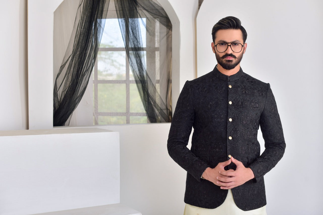 MC 172 Pakistani Men Black Prince Coat - Mashal Couture